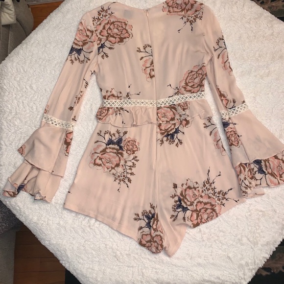 Pink Floral Romper with Cream Lace & Angel Sleeve - Picture 8 of 11